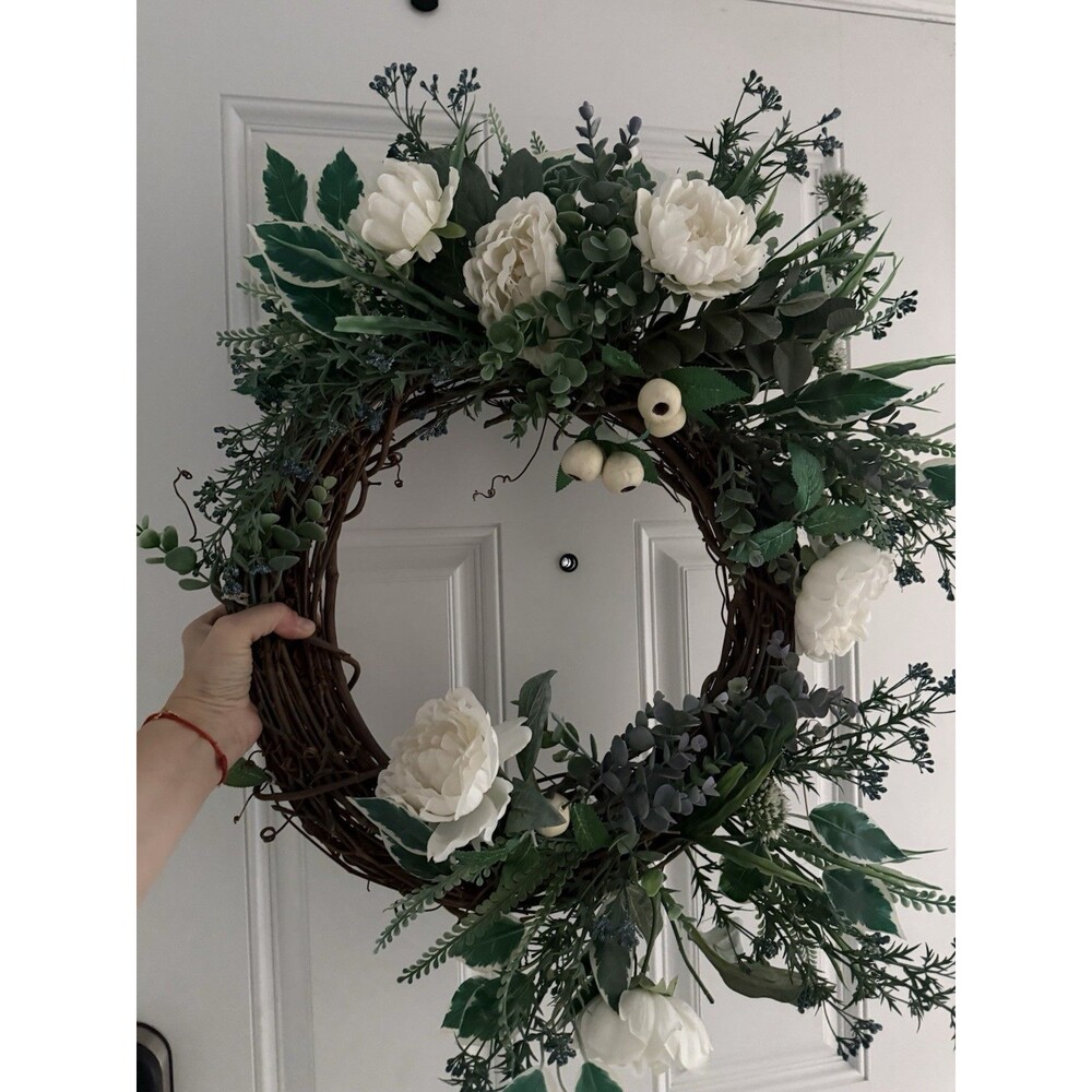 ✿ 18in Spring Greenery Wreath White Peony Floral Farmhouse Door Decor Gift Idea￼